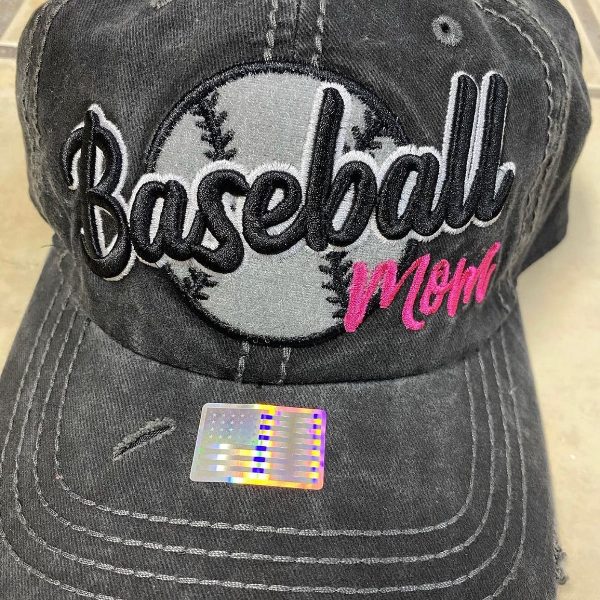 Charcoal Baseball Mom cap with pink script