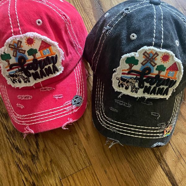 Pink and black Farm Mama patch caps