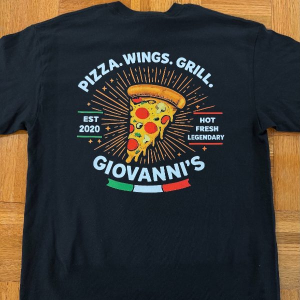 Black pizza restaurant T-shirt with a full color back print