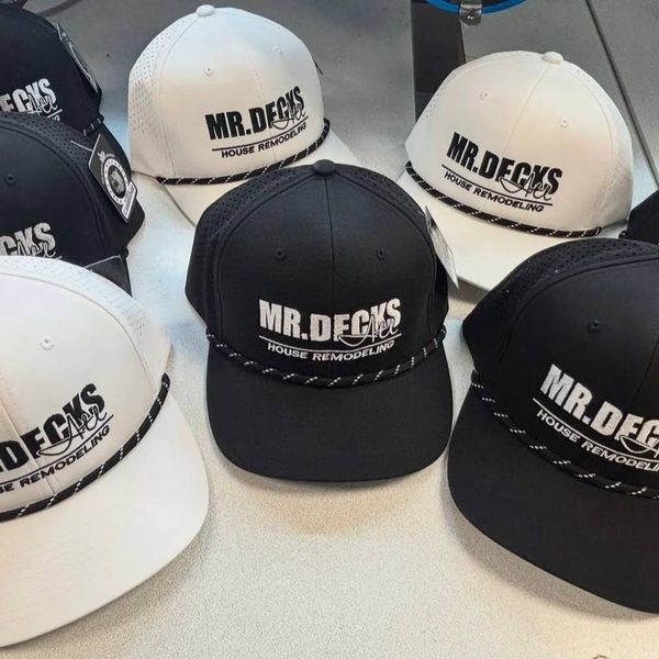 Black and white rope hats with a remodeling company logo