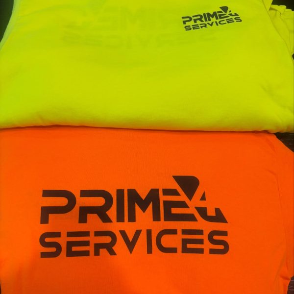 Safety yellow and safety orange shirts with a printed logo